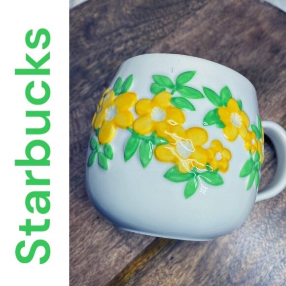 STARBUCKS 2007 Floral Ceramic 12 oz Mug Yellow White - Picture 6 of 8